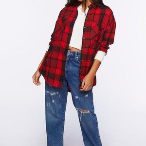 Forever 21 Flannel Button Up Shirt Women's Medium M Long Sleeve Plaid Red Black